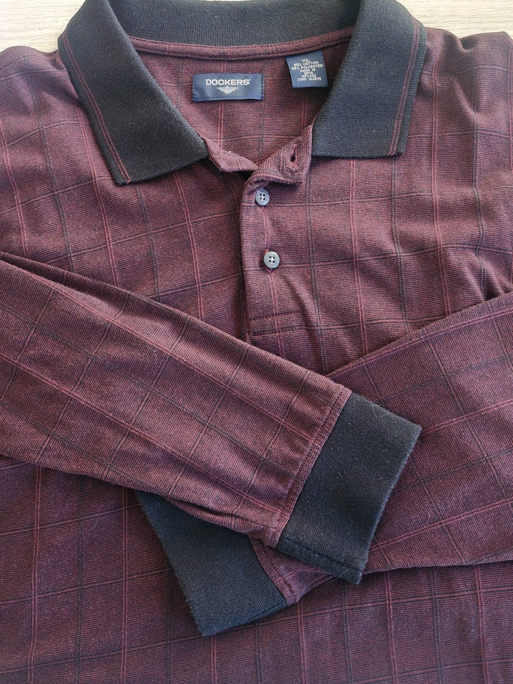 Dockers Men's Long-Sleeve Maroon Plaid Polo with Black Trim